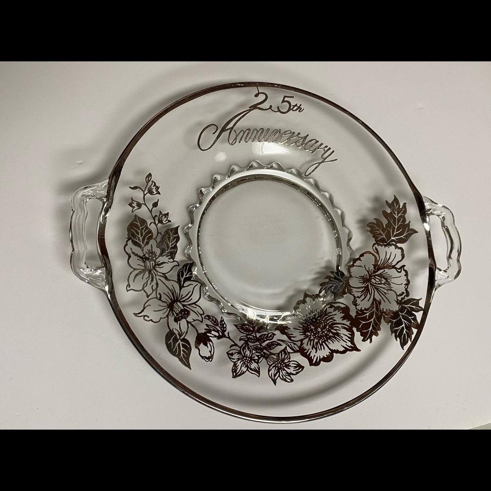 Vintage 25th Anniversary Glass Serving Tray sterling silver a floral pattern